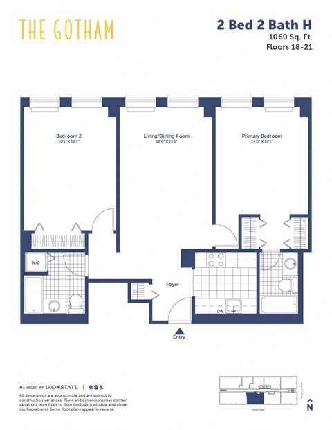 Floor plan for 2 beds, 2 baths, 1060 sqft